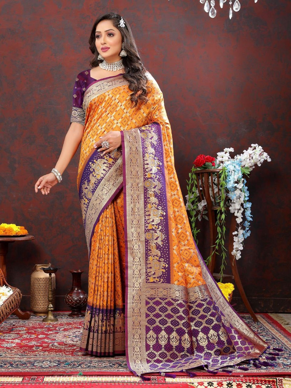 Gleska Saree Bandhani Patola Rich pallu With Contrast Border