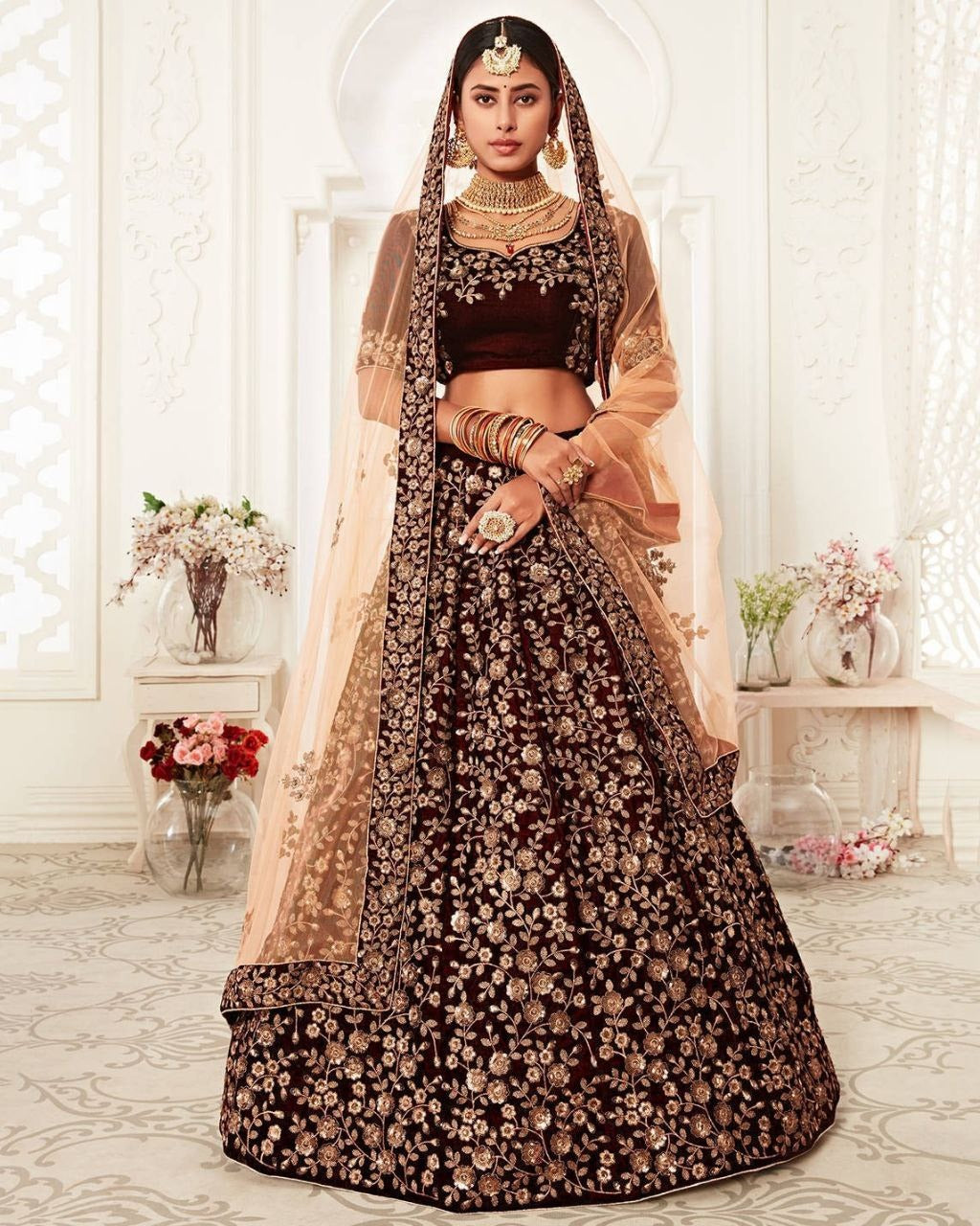 Gleska Dulhan Majestic Maroon Velvet Lehenga