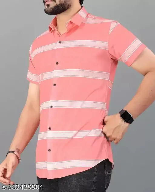 Gleska Men's Horizontal Stripes Regular Pink Shirts