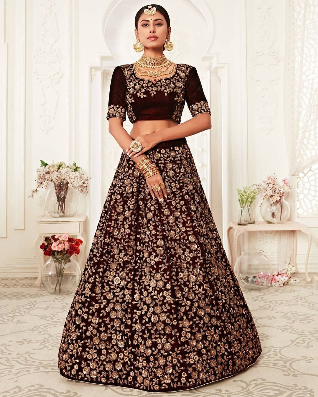 Gleska Dulhan Majestic Maroon Velvet Lehenga