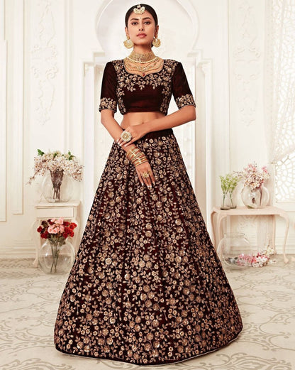 Gleska Dulhan Majestic Maroon Velvet Lehenga