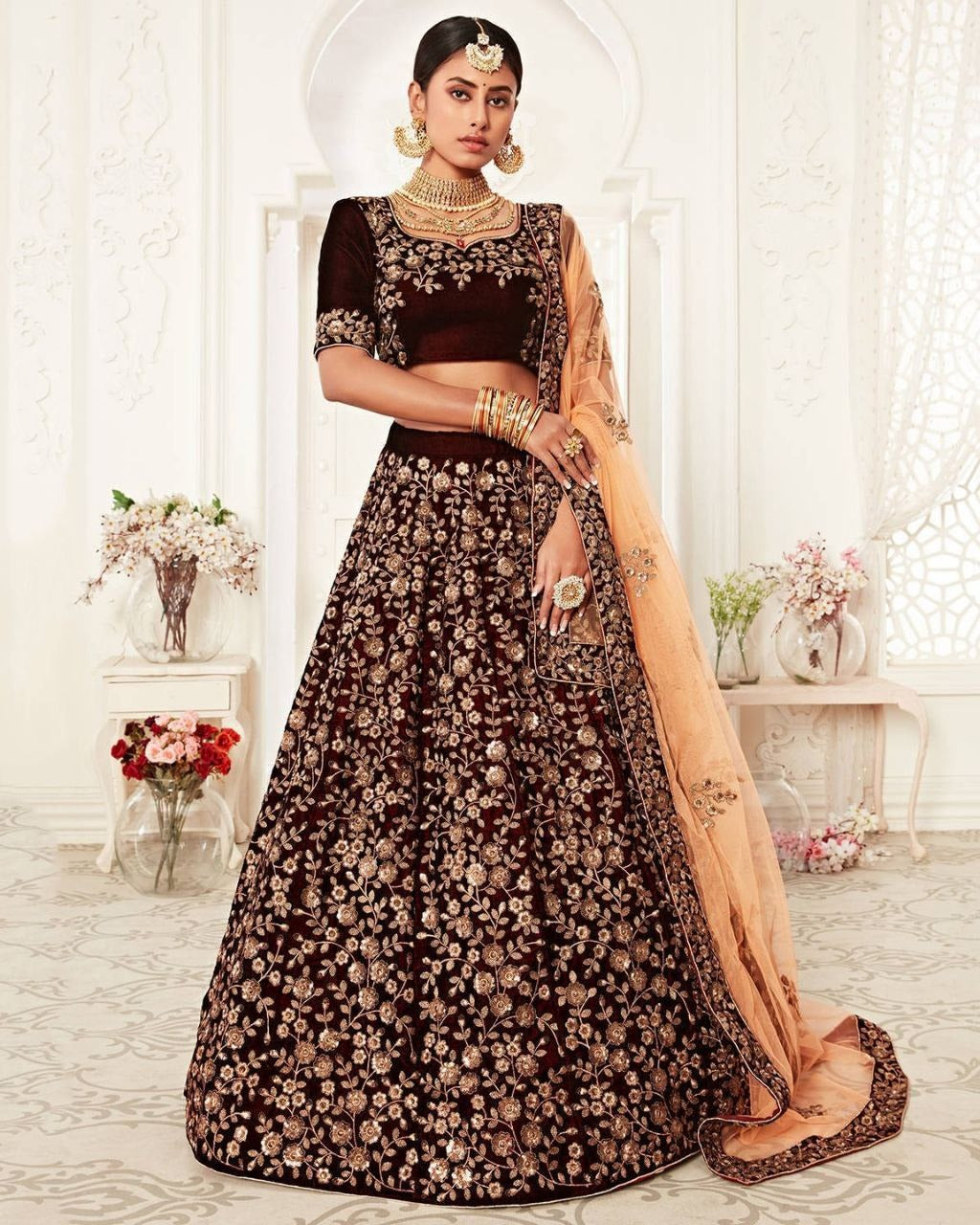 Gleska Dulhan Majestic Maroon Velvet Lehenga