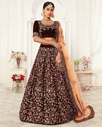 Gleska Dulhan Majestic Maroon Velvet Lehenga