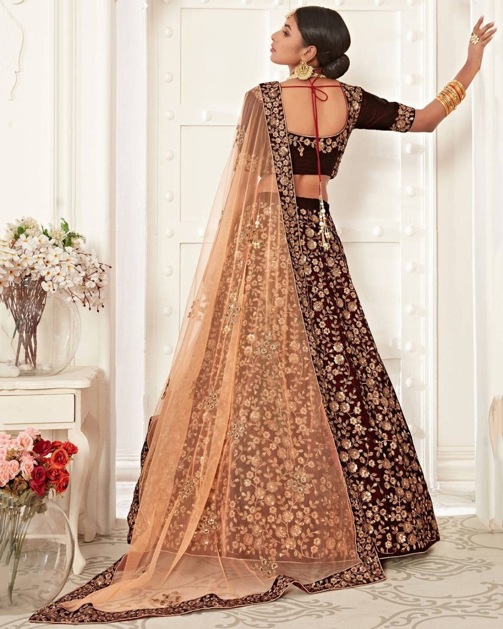 Gleska Dulhan Majestic Maroon Velvet Lehenga