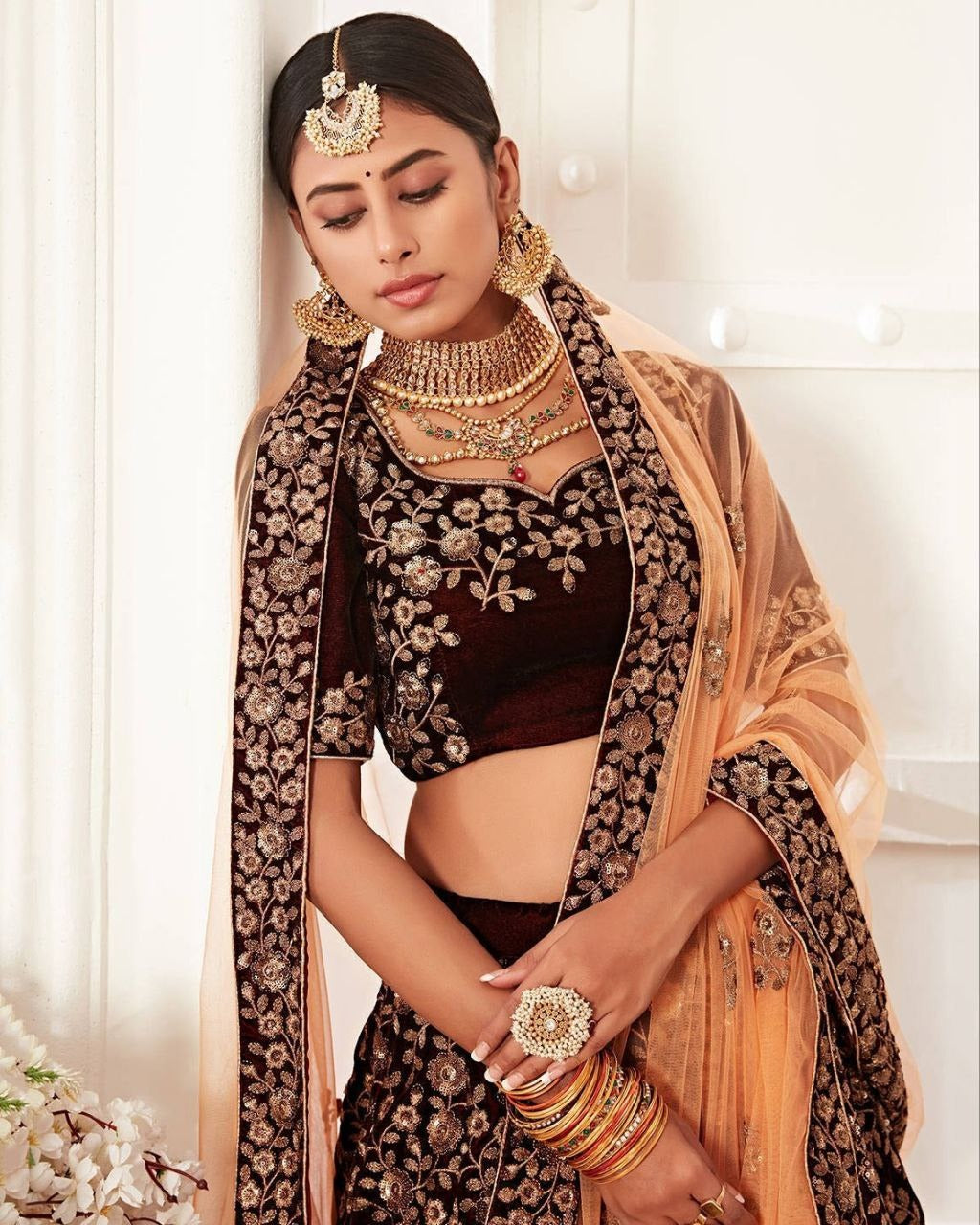 Gleska Dulhan Majestic Maroon Velvet Lehenga