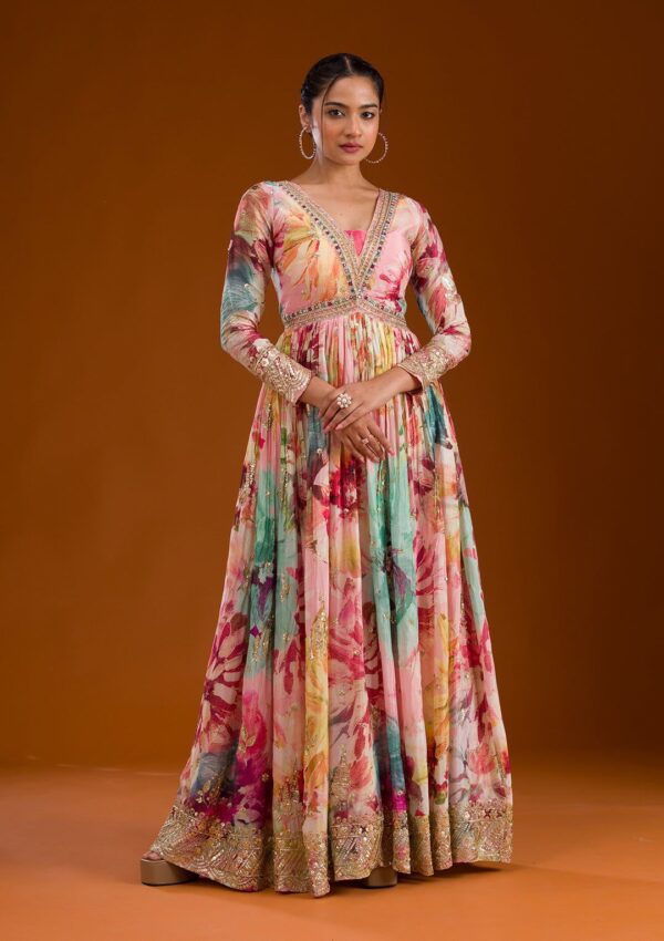 Gleska Gown Chinon Silk Embroidery & Sequins Work With Digital Floral Prints